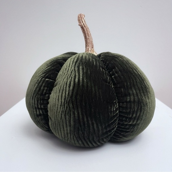 Emerald Green Ribbed Velvet Gold Sparkly Stem Pumpkin Plush Fall Home Decor - Picture 3 of 11